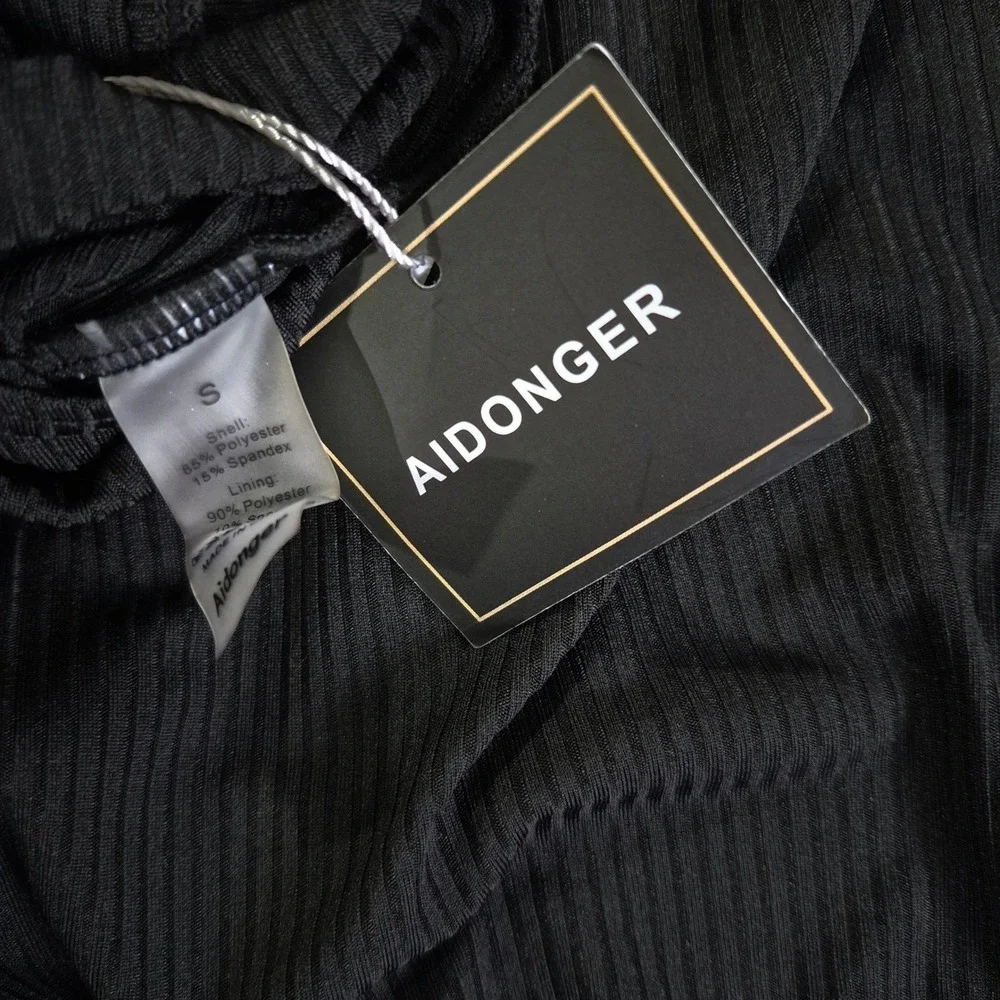 Aidonger Womens Black Ribbed One Piece Swim Dress V-Neck Side Tie Swimsuit Small